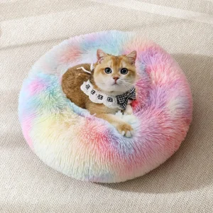 Colorful Anti Anxiety Fluffy Plush Washable Dog Cat Rabbit Bed Calming Donut pet Bed Improve Sleep lbs pet care